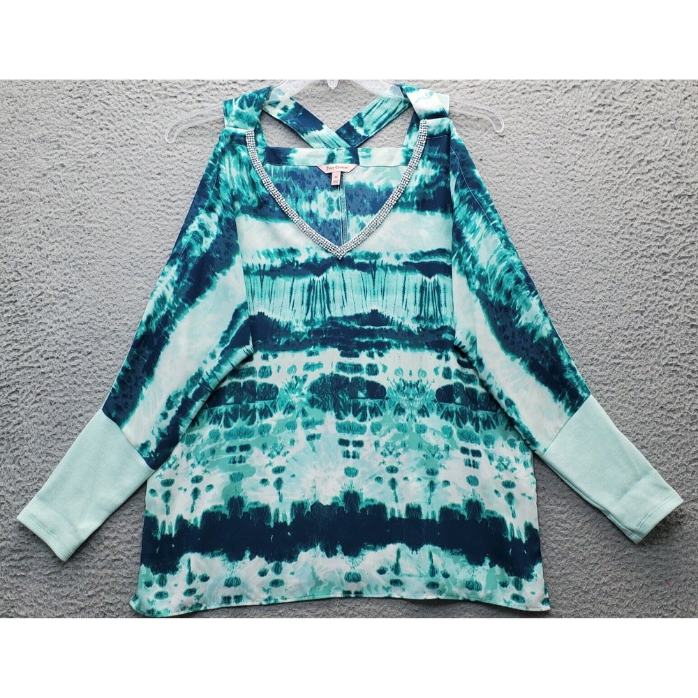 Juicy Couture Blouse Top Womens Medium Multi Tie Dye Cold Shoulder Beaded V Neck
